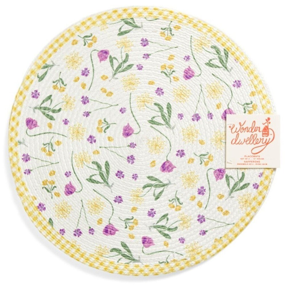 Set of 4 Same Round Braided Placemats (15") MULTICOLOR FLOWERS & YELLOW PLAID,WD